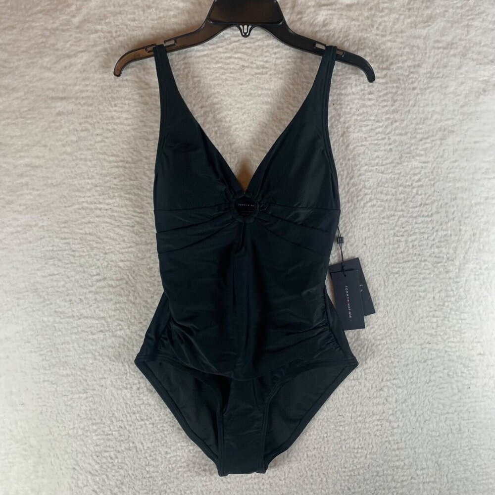 Tommy Hilfiger‎ Women's Black V-Neck Ring Cutout One Piece Swimsuit Size 4 NWT